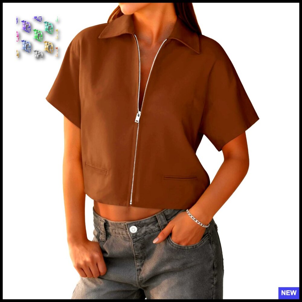Chestnut Zip-Front Crop Top with Collar - Women